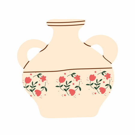 Handmade ceramics pottery. Kitchen utensils. Traditional shapes and patterns. Creativity and art. Hand drawn flat vector illustration isolated on white backgroundのイラスト素材