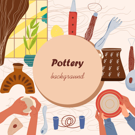 Pottery background in flat design. Hand drawn vector illustration.のイラスト素材