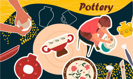 Pottery collage. Hand drawn vector illustration.のイラスト素材