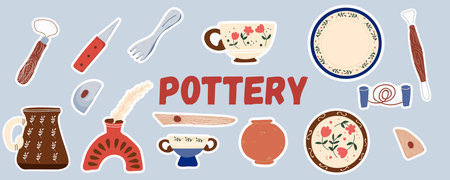 Clay crafting, pottery stickers collection, set. Hand drawn doodle flat vector illustration.のイラスト素材