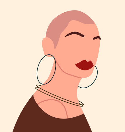 Abstract bald woman portrait avatar, user profile. Faceless female avatar, head portrait in modern fashion style. User profile, trendy poster. Hand drawn vector illustration.のイラスト素材