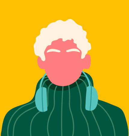 Abstract faceless man portrait. Young male character with blank face, headphones. Hand drawn vector...
