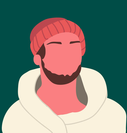 Abstract young man portrait in beanie hat. Faceless male character with beard. Hand drawn vector illustration.のイラスト素材