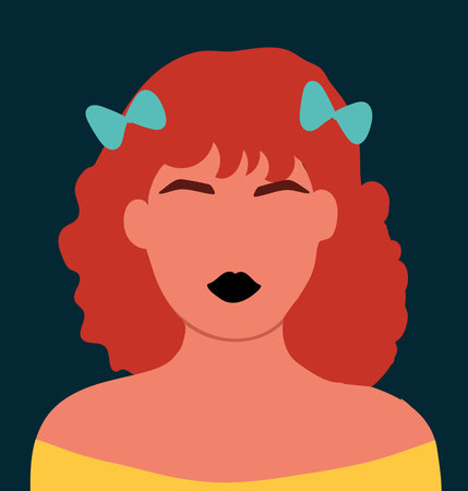 Abstract girl portrait, female avatar with bows, hairstyle, youth, red hair user profile. Hand drawn vector illustration.のイラスト素材
