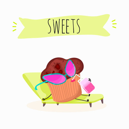 Sweets, bakery funny characters, hand drawn vector illustration.のイラスト素材