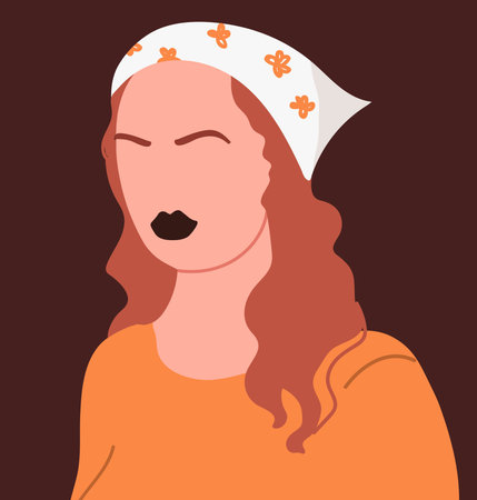 Woman abstract face portrait. Faceless young female dark hair character with headscarf, head avatar. Hand drawn vector illustration.のイラスト素材