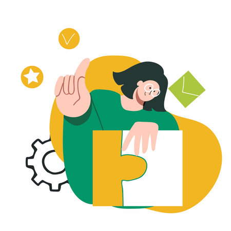 Concept education, Independent problem-solving, self-directed learning, putting puzzles, metaphor, hand drawn vector illustration.のイラスト素材