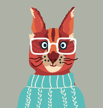 Avatar character funny lynx in square glasses, in sweater with sunglasses. Hand drawn vector illustration.のイラスト素材