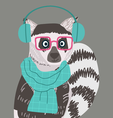 Avatar character lemur in casual city clothes, scarf, headphones, with square sunglasses. Hand drawn vector illustration.のイラスト素材