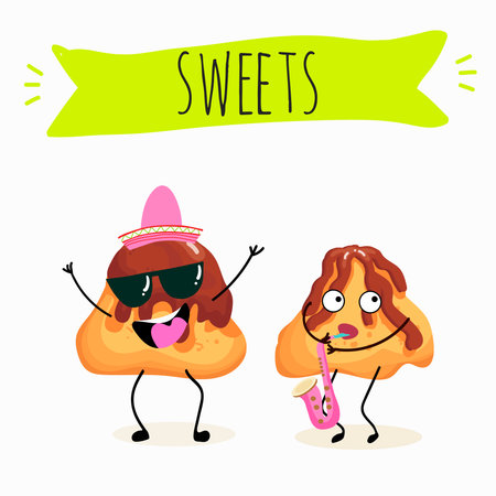 Cream puffs funny characters with glossy chocolate, hand drawn vector illustration.のイラスト素材