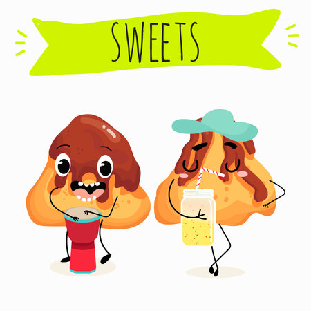 Cream puffs funny characters with glossy chocolate, hand drawn vector illustration.のイラスト素材