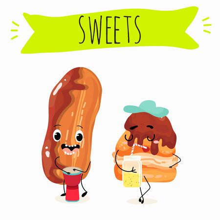 Cream puffs funny characters with glossy chocolate, hand drawn vector illustration.のイラスト素材