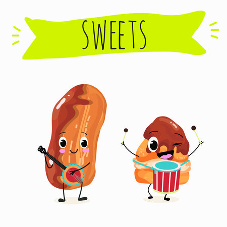 Cream puffs funny characters with glossy chocolate, hand drawn vector illustration.のイラスト素材