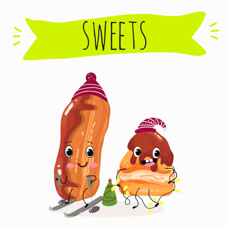 Cream puffs funny characters with glossy chocolate, hand drawn vector illustration.のイラスト素材