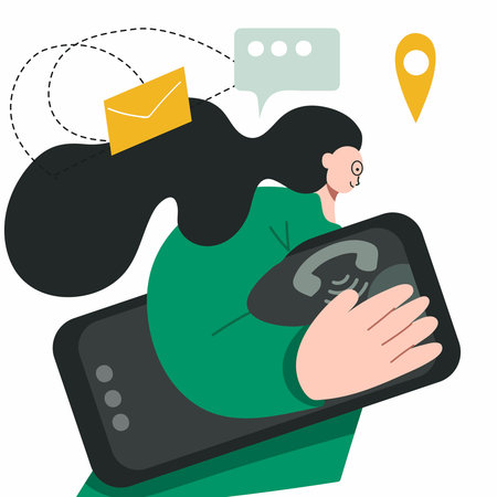 Metaphor, running girl with a huge phone, online training, internet courses, hand-drawn vector illustration.のイラスト素材