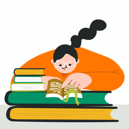 Happy girl student with book. University knowledge, education, science research concept. Vector hand drawn illustration.のイラスト素材