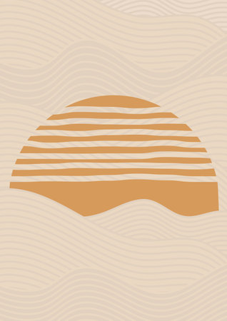 Hand drawn summer sun and waves poster. Boho wall decorのイラスト素材