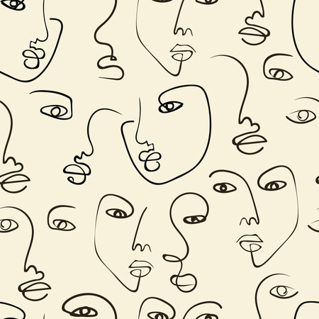 Continuous line, drawing of faces seamless patternのイラスト素材