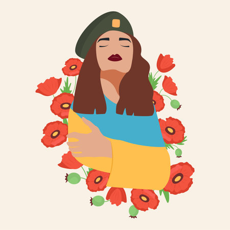 Ukrainian girl with a flag and poppies illustrationのイラスト素材