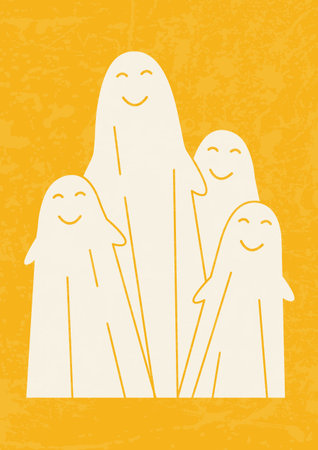 Happy white ghost characters poster illustration.