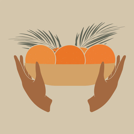 Square art with woman hands and fruits.のイラスト素材