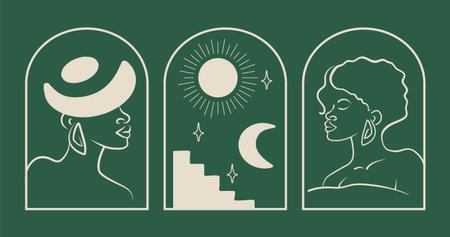 Esoteric woman emblem set with moon and sun. Magic simple logo iconsのイラスト素材