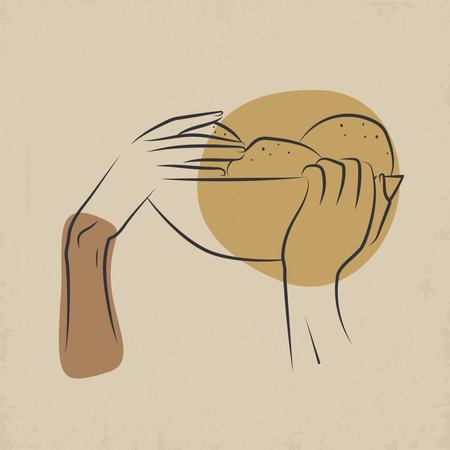 Line art aesthetic minimalist hands drawing. Hands with fruit bowl illustration.のイラスト素材