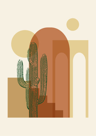 Architecture elements and cactus poster illustration. Modern aesthetic art, desert vibes.のイラスト素材