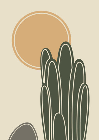 Abstract contemporary aesthetic illustration with cacti and sun. Earth tones, beige colors. Boho wall decor.のイラスト素材