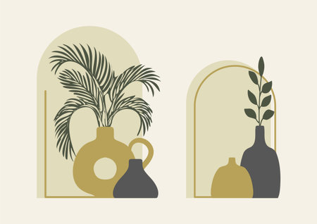 Boho minimalist wall art with arch and pottery. Palm leaf in a jar and arches illustration poster.のイラスト素材
