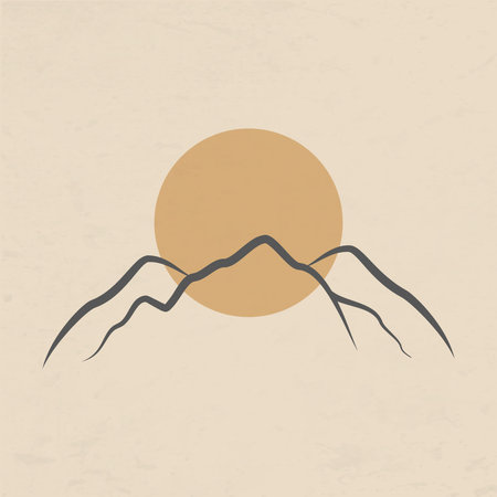 Abstract textured mountain landscape poster. Modern linear background with sun moon mountains, minimalist wall decor.のイラスト素材