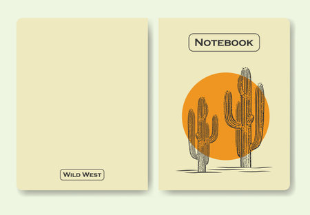 Notebook cover wild west desert vintage design. Cacti plant with sun vector line art minimalist symbol illustration design.のイラスト素材
