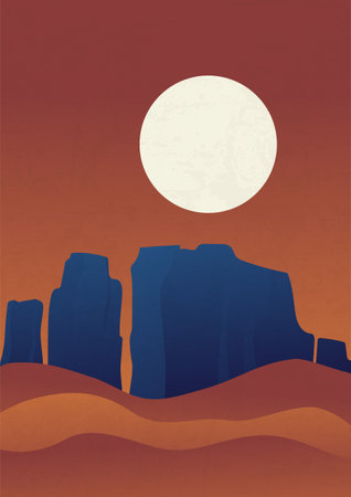 Night desert with mountains under full moon vector illustration poster.のイラスト素材