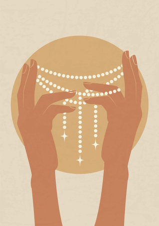 Retro sun with hand mystic poster illustration. Tarot card minimalist vector illustration.のイラスト素材