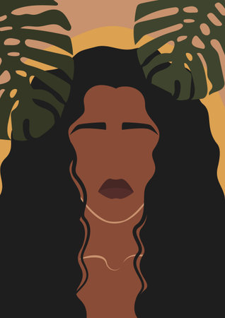 Abstract illustration of young afro woman with leaves.のイラスト素材
