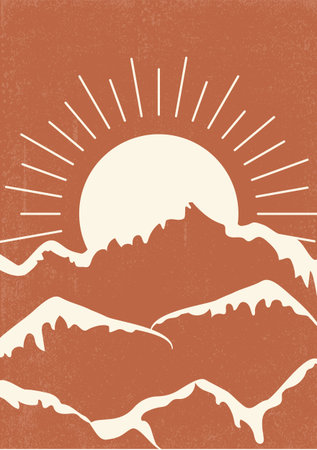 Mountain winter landscape with white peaks illustration. Modern boho backgroundのイラスト素材