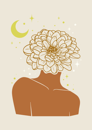Mystic woman with flower head - feminine concept illustration.のイラスト素材