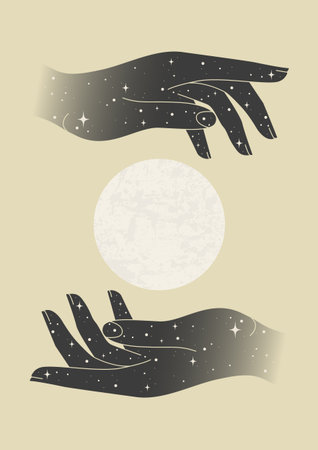 Night sky moon in hands mystic poster illustration. Tarot cardのイラスト素材