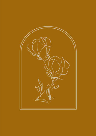 Minimalist hand drawn flower sketch art poster illustration. Magnolia plant.のイラスト素材