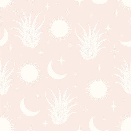 Seamless aesthetic pattern with blossom cactus on desert.のイラスト素材