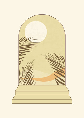 Wall art boho poster with leaves and full moon in arch.のイラスト素材