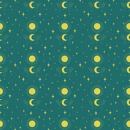 Seamless pattern of sun and moon in hands. Astrology and sacred art on green background.のイラスト素材