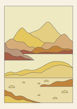 Beige landscape with lake and mountains printable art.のイラスト素材