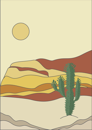 Aesthetic desert landscape with cactus bush illustration. Boho wall decor.のイラスト素材
