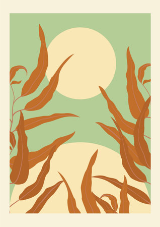 Botanical red green print aesthetic minimalist print art.のイラスト素材