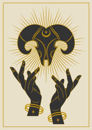 Hands holding horned skull with heavenly elements vector artのイラスト素材