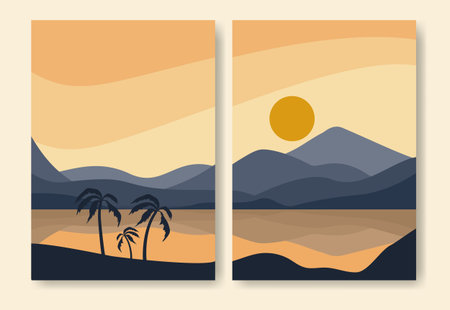Minimalist landscape with lake and mountains printable wall art.のイラスト素材