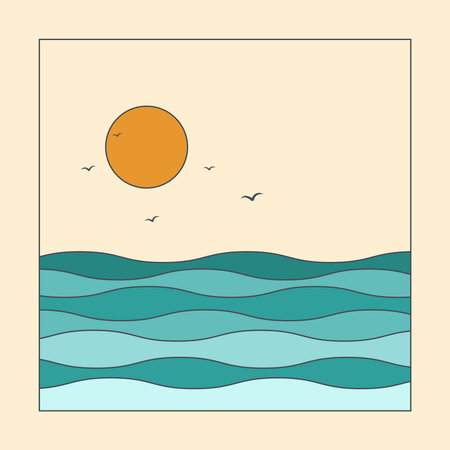 Ocean sunset view aesthetic colorful illustration postcardのイラスト素材