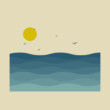 Seaside landscape with flying birds postcard illustration.のイラスト素材