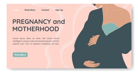 Pregnant woman standing and holding belly landing page.のイラスト素材